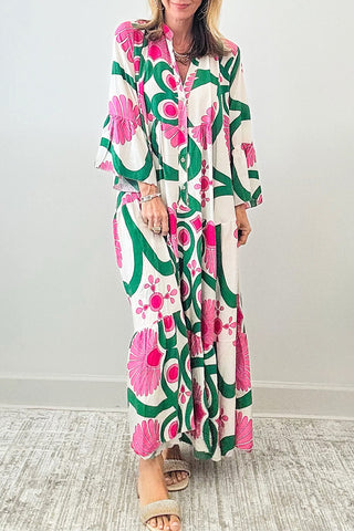 Printed Notched Long Sleeve Maxi Dress - 1985 the VAULT Boutique