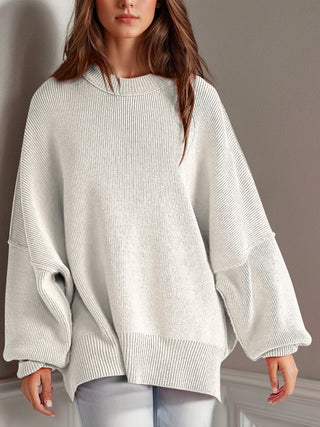 Double Take Side Slit Round Neck Long Sleeve Sweater - 1985 the VAULT Boutique