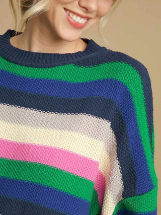 Contrast Striped Round Neck Long Sleeve Sweater - 1985 the VAULT Boutique