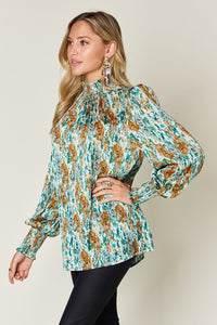 Double Take Full Size Printed Smocked Long Sleeve Blouse - 1985 THE VAULT