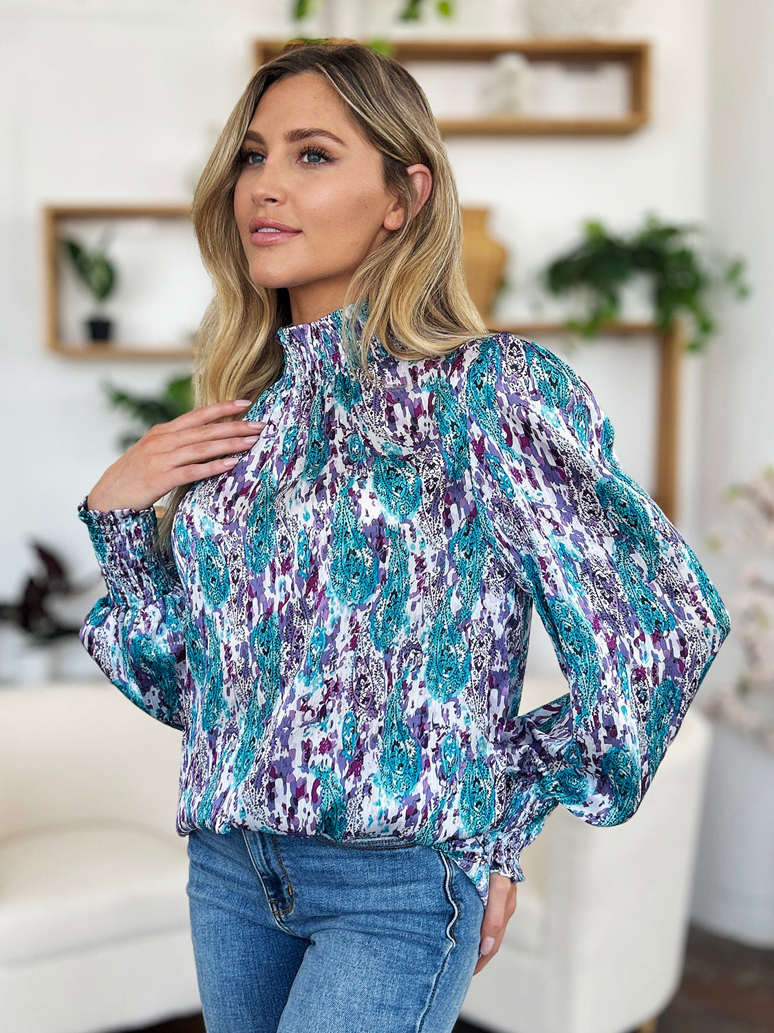 Double Take Full Size Printed Smocked Long Sleeve Blouse - 1985 THE VAULT