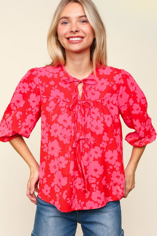 Haptics Full Size Ribbon Bow Floral Balloon Sleeve Blouse - 1985 the VAULT Boutique