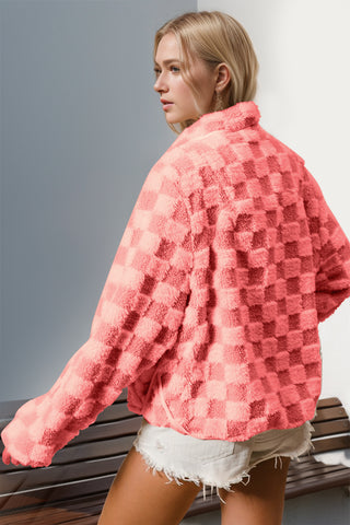 Double Take Checkered Long Sleeve Fuzzy Jacket - 1985 the VAULT Boutique