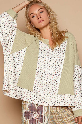 POL Waffle Knit Floral Notched Long Sleeve Top - 1985 the VAULT Boutique