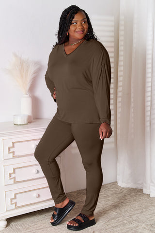 Basic Bae Bamboo Full Size V-Neck Long Sleeve Top and Pants Lounge Set - 1985 the VAULT Boutique