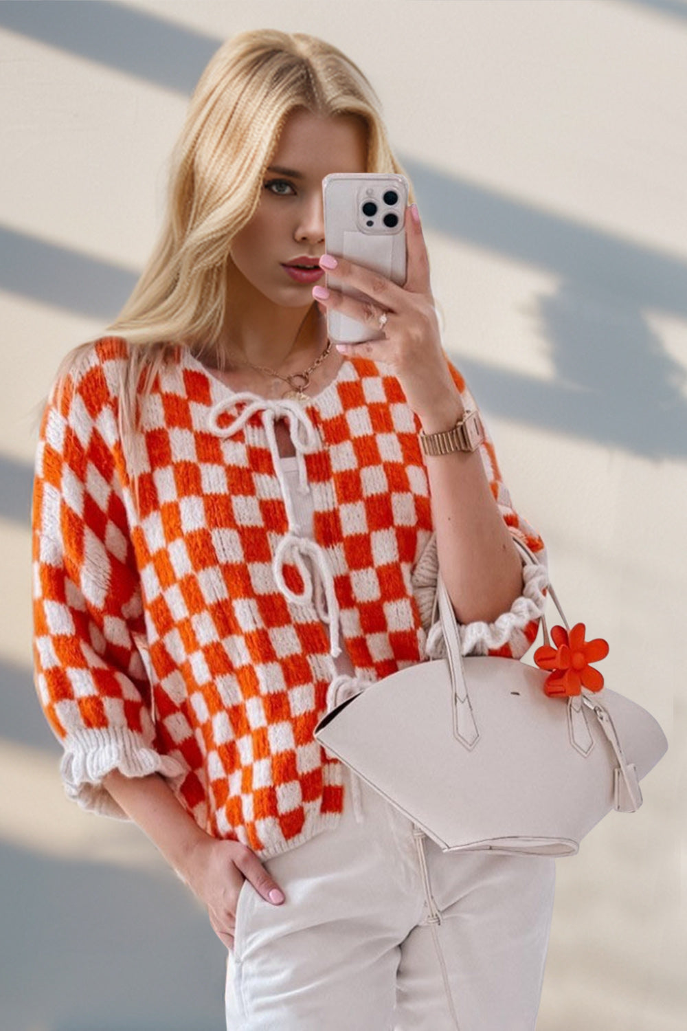 Double Take Tied Checkered Dropped Shoulder Flounce Sleeve Cardigan - 1985 the VAULT Boutique