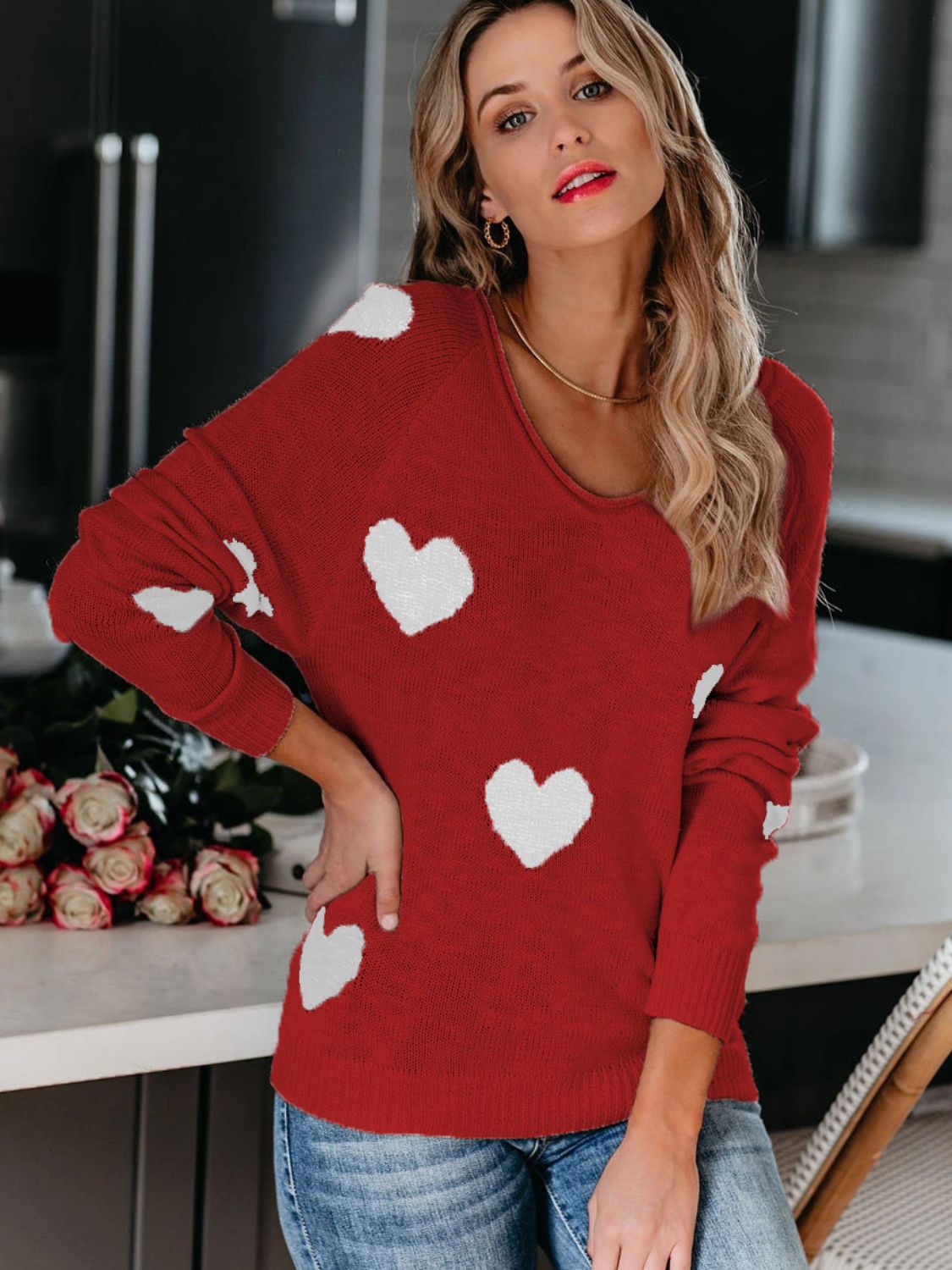 Heart Scoop Neck Long Sleeve Sweater - 1985 the VAULT Boutique