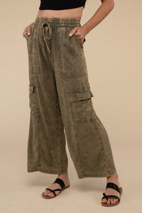 Washed Linen Elastic Band Waist Cargo Pants - 1985 the VAULT Boutique