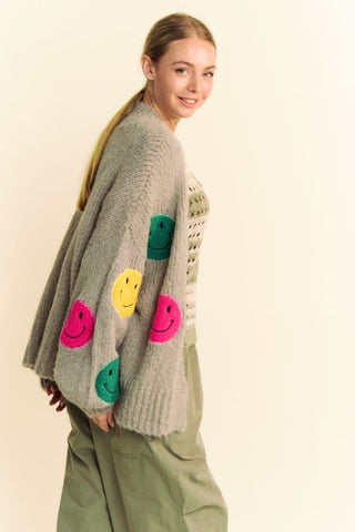 Davi & Dani Fuzzy Smile Open Front Long Sleeve Cardigan - 1985 the VAULT Boutique