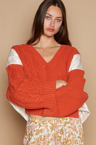 POL Cable Knit Quilting Patch V-Neck Contrast Sweater - 1985 the VAULT Boutique