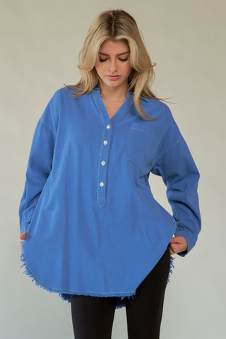 Davi & Dani Letter Back Raw Hem Half Button Shirt - 1985 the VAULT Boutique