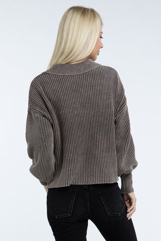 Washed Collared Henley Sweater - 1985 the VAULT Boutique