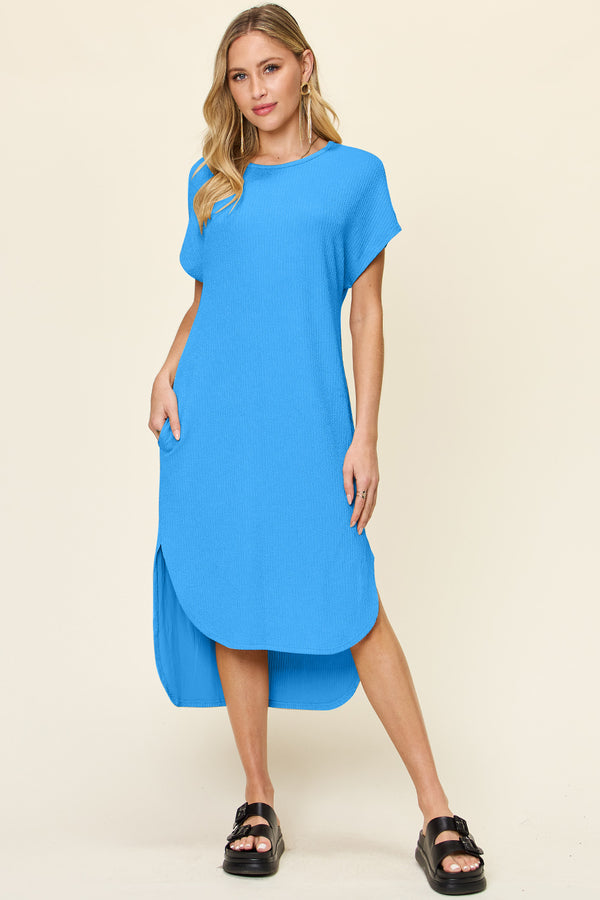 Double Take Full Size Round Neck Short Sleeve Slit Dress - 1985 THE VAULT