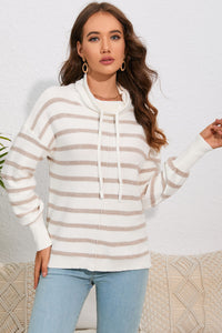 Double Take Cowl Neck Drawstring Dropped Shoulder Striped Print Blouse - 1985 the VAULT Boutique