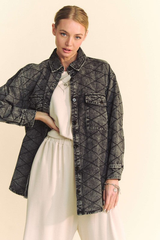 Davi & Dani Curved Hem Diamond Quilted Button Up Denim Shacket - 1985 the VAULT Boutique