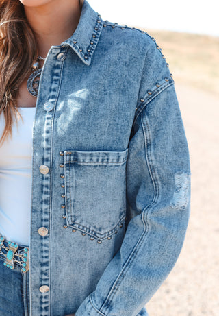 Studded Acid Wash Long Sleeve Denim Jacket - 1985 the VAULT Boutique