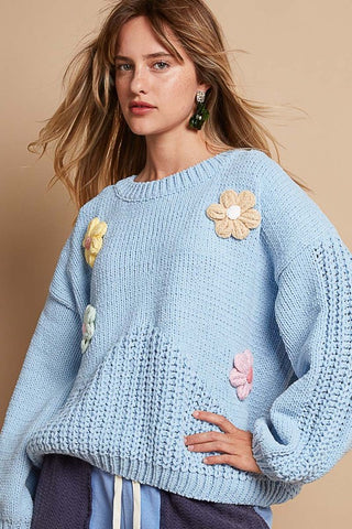 POL Crochet Flower Round Neck Dropped Shoulder Sweater - 1985 the VAULT Boutique