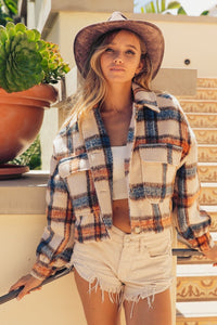 BiBi Brushed Plaid Crop Jacket with Pockets - 1985 the VAULT Boutique