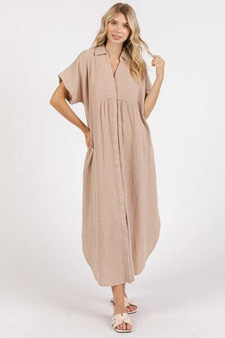 Mittoshop Mineral Wash V Neck Button Up Midi Shirt Dress - 1985 the VAULT Boutique