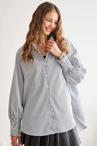 ADORA High-Low Striped Button Down Smocked Lantern Sleeve Shirt - 1985 the VAULT Boutique