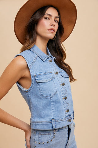 Annie Wear Collared Neck Button Down Denim Vest - 1985 the VAULT Boutique