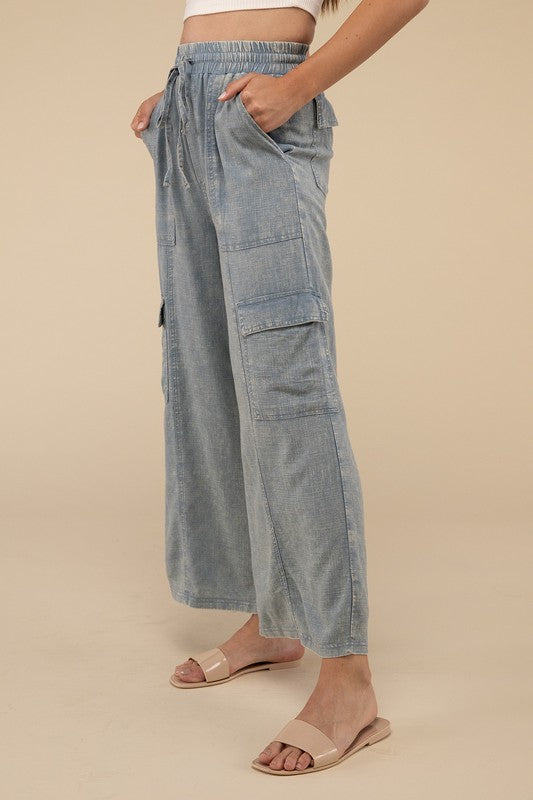 Washed Linen Elastic Band Waist Cargo Pants - 1985 the VAULT Boutique