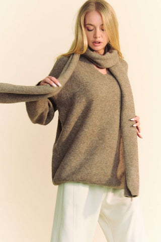 Davi & Dani V-Neck Dropped Shoulder Sweater with Scarf - 1985 the VAULT Boutique