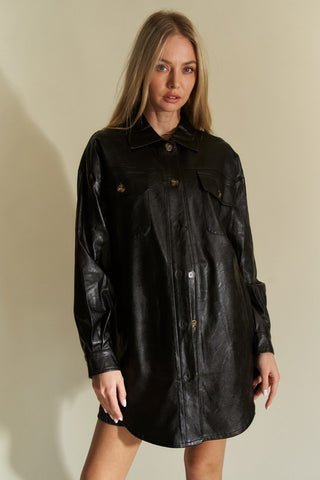 Davi & Dani Faux Leather Button Up Jacket with Chest Pockets - 1985 the VAULT Boutique