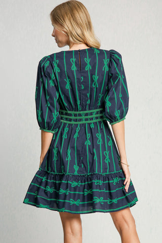 Umgee Ribbon Print Frill Contrast Velvet Trim Half Sleeve Dress - 1985 the VAULT Boutique