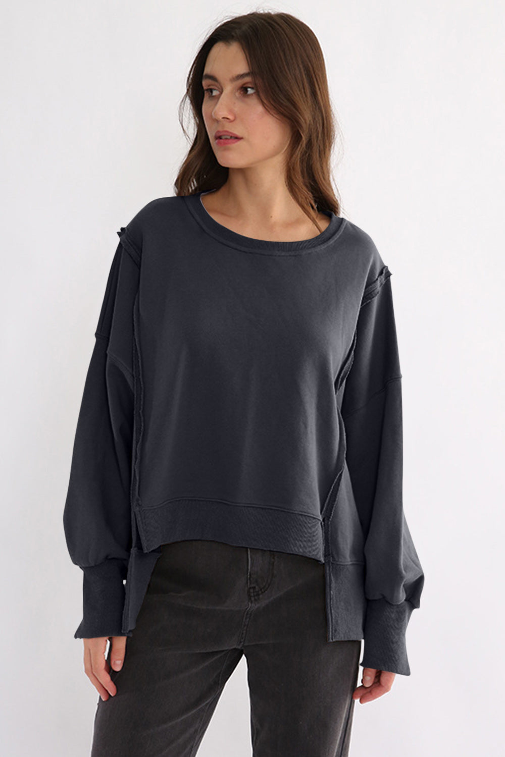 Exposed Seam High-Low Long Sleeve Sweatshirt - 1985 the VAULT Boutique