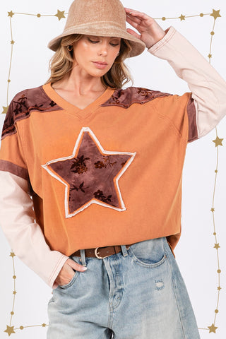 SAGE + FIG Star Patch Long Sleeve Color Block T-Shirt - 1985 the VAULT Boutique