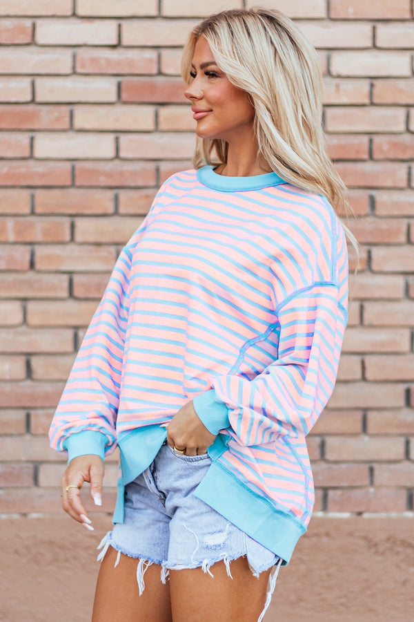 High-Low Striped Long Sleeve Sweatshirt - 1985 THE VAULT