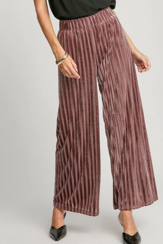 Umgee Full Size Elastic Waist Striped Wide Leg Velvet Pants - 1985 the VAULT Boutique