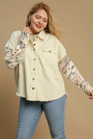 Umgee Full Size Distressed Detail Raw Hem Button Up Jacket Plus Size - 1985 the VAULT Boutique