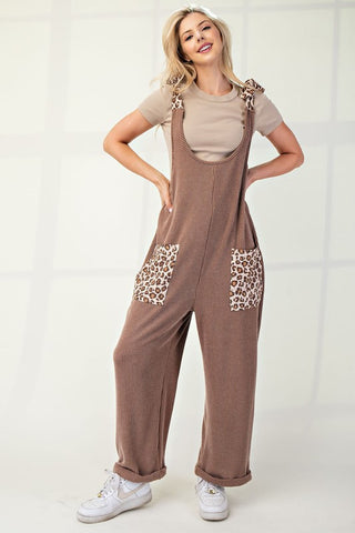 Celeste Full Size Ribbed Leopard Tied Shoulder Overalls - 1985 the VAULT Boutique