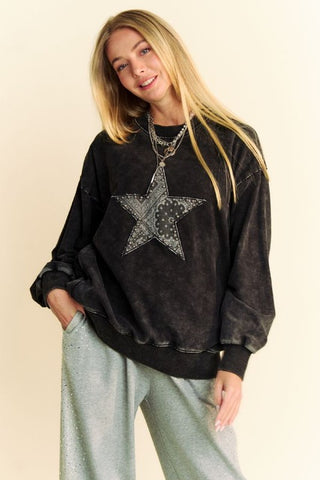 Davi & Dani Stud Star Patch Acid Washed Sweatshirt - 1985 the VAULT Boutique