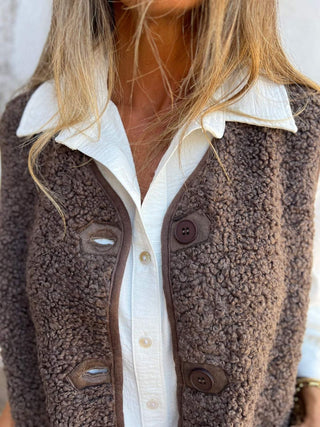 Full Size Pocketed Button Up V-Neck Sherpa Vest - 1985 the VAULT Boutique