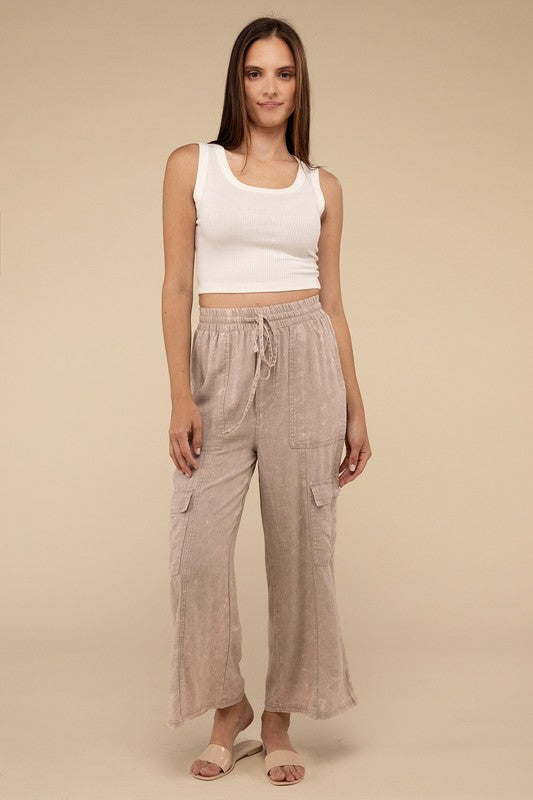 Washed Linen Elastic Band Waist Cargo Pants - 1985 the VAULT Boutique