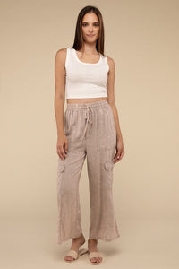 Washed Linen Elastic Band Waist Cargo Pants - 1985 the VAULT Boutique