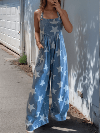 Star Print Buttoned Strap Wide Leg Denim Overalls - 1985 the VAULT Boutique