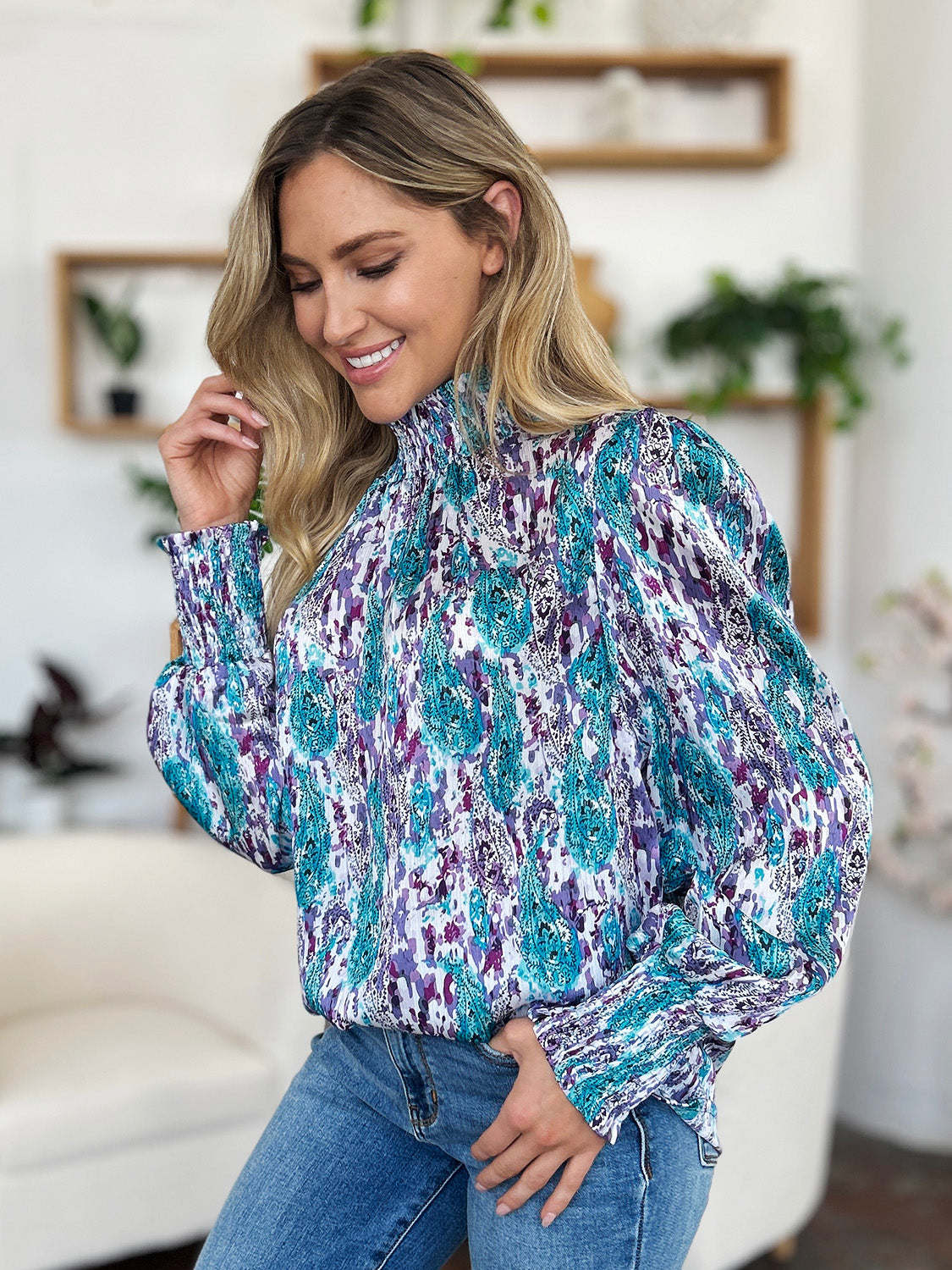 Double Take Full Size Printed Smocked Long Sleeve Blouse - 1985 THE VAULT