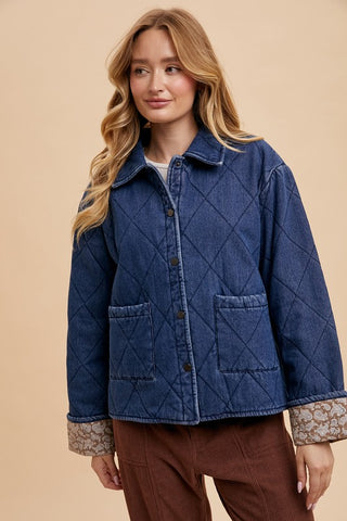 Annie Wear Quilted Printed Lining Snap Down Denim Jacket - 1985 the VAULT Boutique