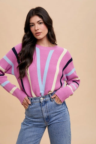 Annie Wear Chevron Stripe Round Neck Ribbed Sweater - 1985 the VAULT Boutique