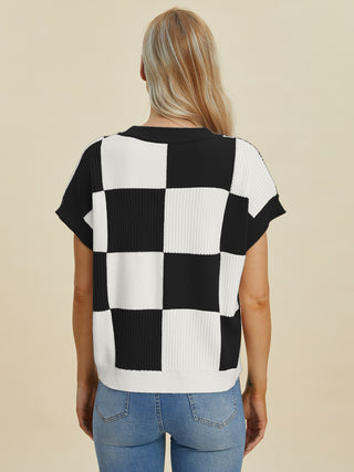 Double Take Full Size Checkered Round Neck Short Sleeve Sweater - 1985 the VAULT Boutique