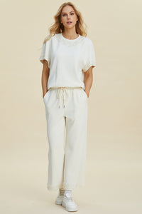 Double Take Full Size Pearl Detail Round Neck Top and Pants Set - 1985 the VAULT Boutique