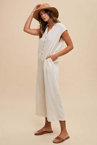 Annie Wear Button Detail Wide Leg Jumpsuit with Pockets - 1985 the VAULT Boutique