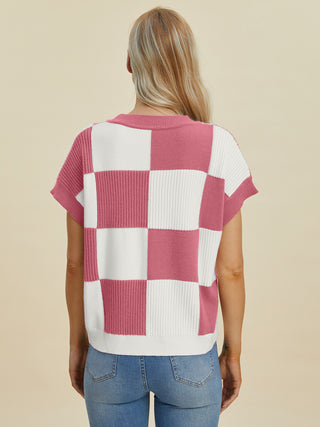 Double Take Full Size Checkered Round Neck Short Sleeve Sweater - 1985 the VAULT Boutique