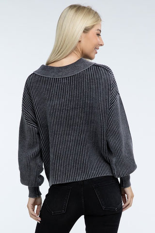 Washed Collared Henley Sweater - 1985 the VAULT Boutique