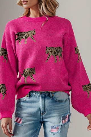 Tiger Pattern Round Neck Drop Shoulder Sweater - 1985 the VAULT Boutique