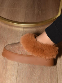 WILD DIVA Embellished Faux Fur Platform Booties in Chestnut